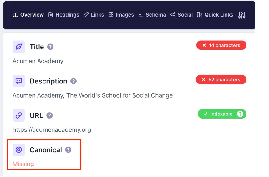 Before: the homepage had no canonical tag for Acumen Academy