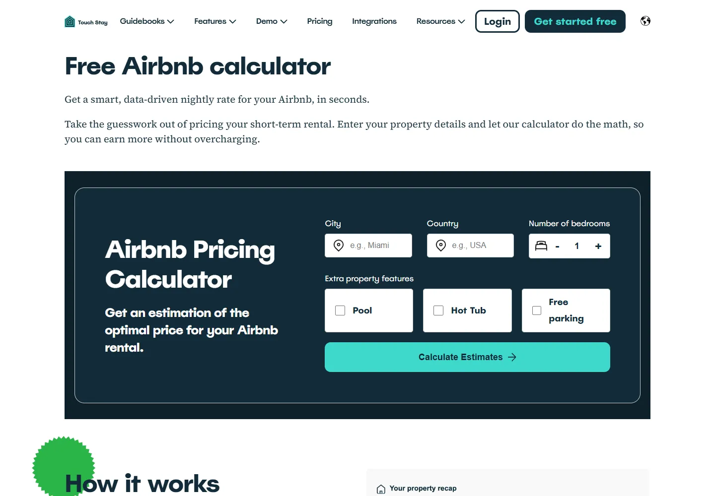 Airbnb pricing calculator page on Touch Stay