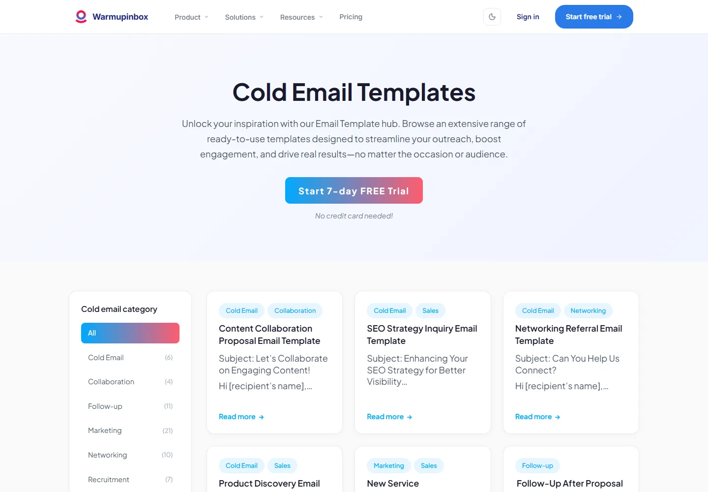 Cold email templates page on Warmup Inbox
